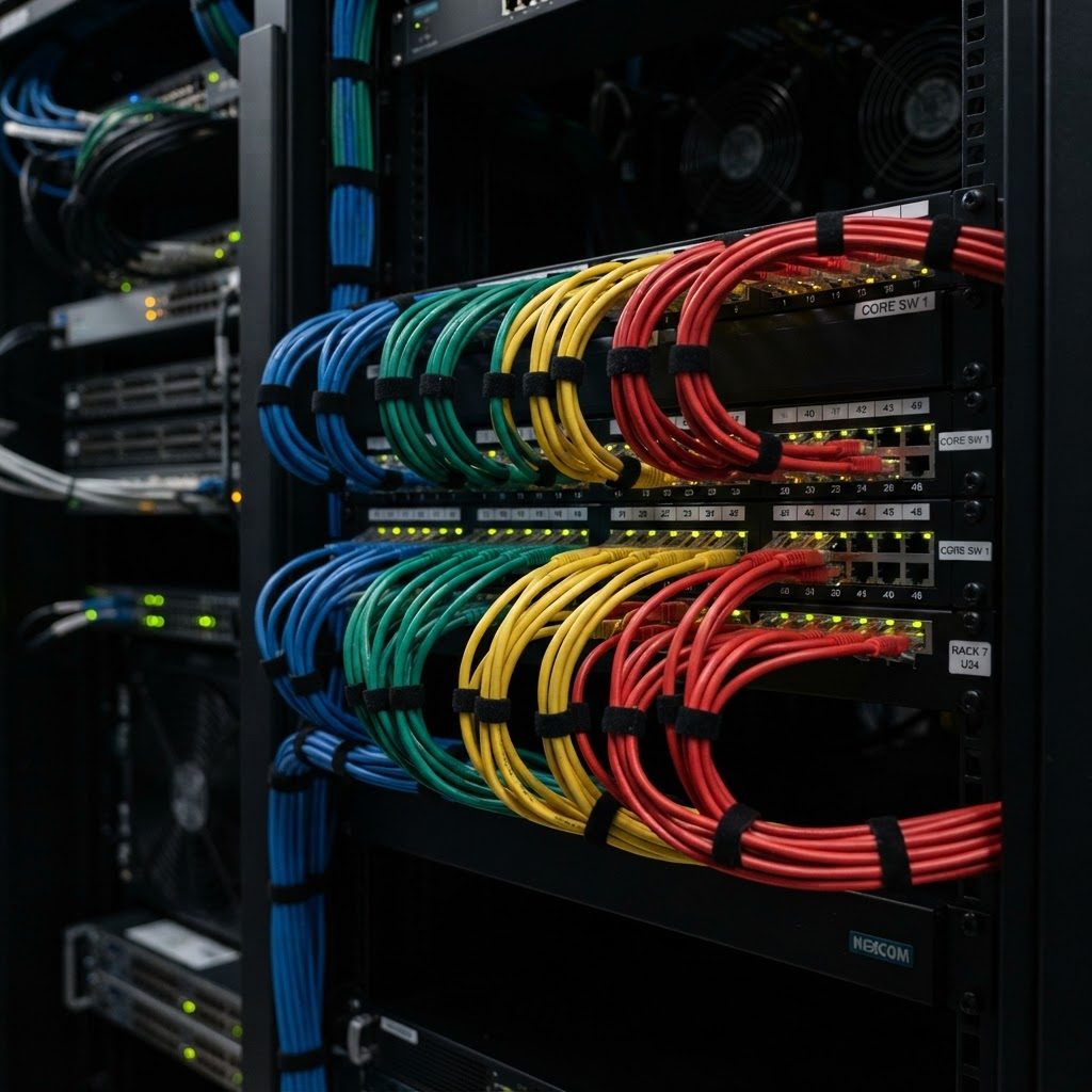 Network patch panel with neatly organized ethernet cabling