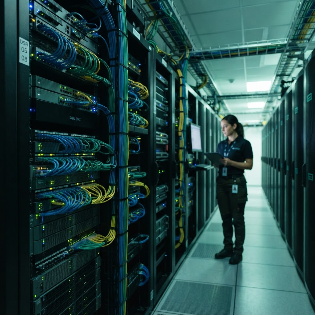 Data center server room with organized structured network cabling